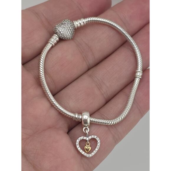 Pandora STERLING SILVER 14k Gold Two Tone SNAKE CHAIN BRACELET Heart - Picture 1 of 11